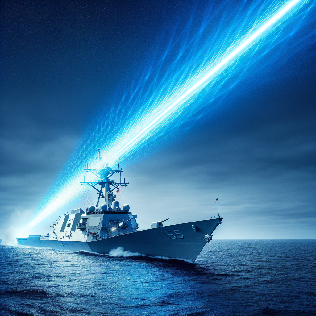 "Navio de guerra da Marinha dos EUA realizando teste de arma laser Helios, demonstrando a inovação e o poder militar em uma operação naval moderna."